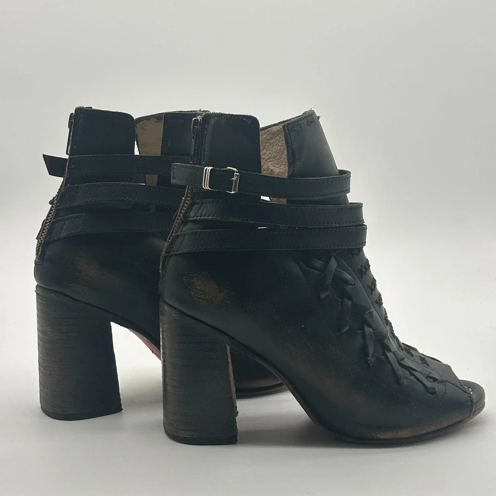 Freebird Steven Eagle Black Leather Open Toe Braid Ankle Boots Womens Size 8